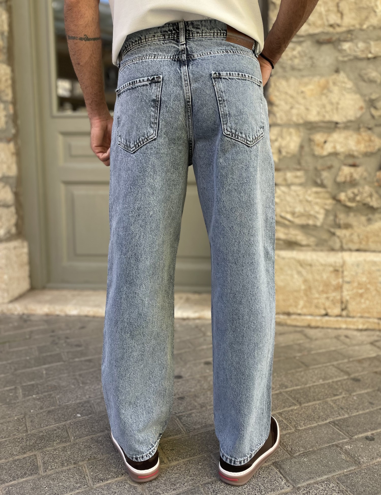 Ανδρικό μπλε πλυμένο Loose τζιν ελαστικό πεντάτσεπο με φερμουάρ G81087 φωτογραφία